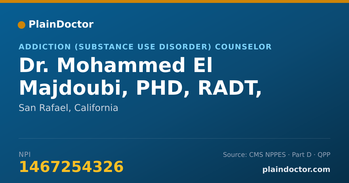 Shareable card for Mohammed El Majdoubi, PHD, RADT, CPSS - Addiction (Substance Use Disorder) Counselor, San Rafael, CA