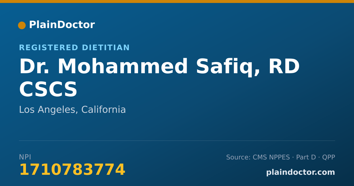 Shareable card for Mohammed Safiq, RD CSCS - Registered Dietitian, Los Angeles, CA