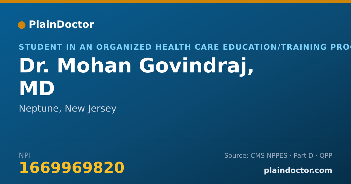 Shareable card for Mohan Govindraj, MD - Student in an Organized Health Care Education/Training Program, Neptune, NJ