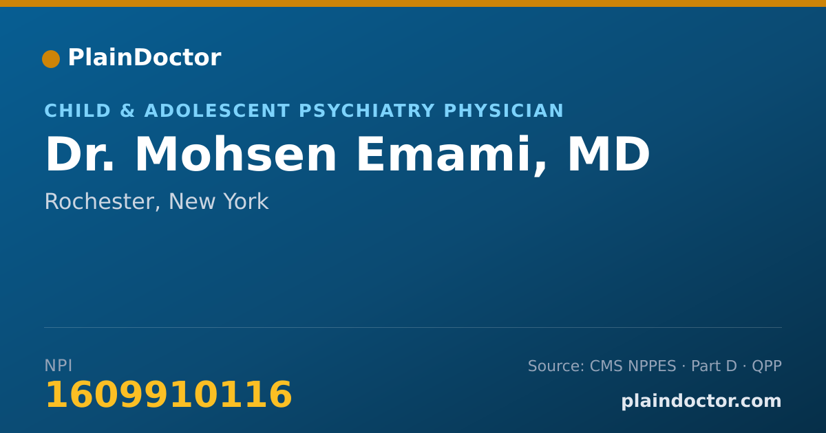 Shareable card for Mohsen Emami, MD - Child & Adolescent Psychiatry Physician, Rochester, NY
