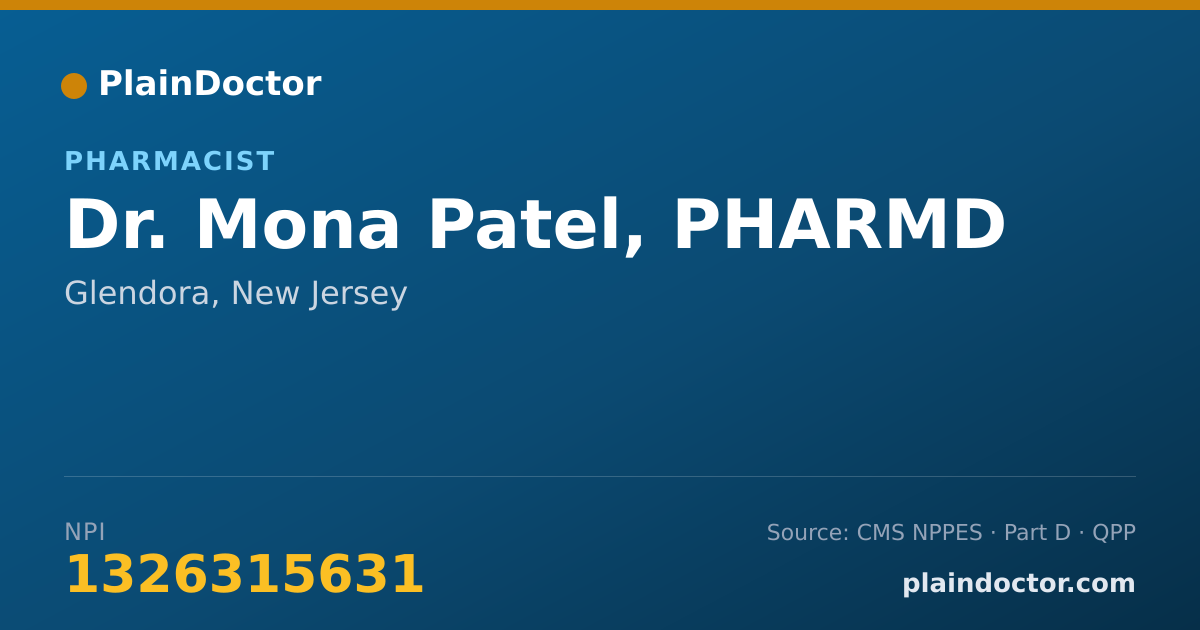 Shareable card for Mona Patel, PHARMD - Pharmacist, Glendora, NJ