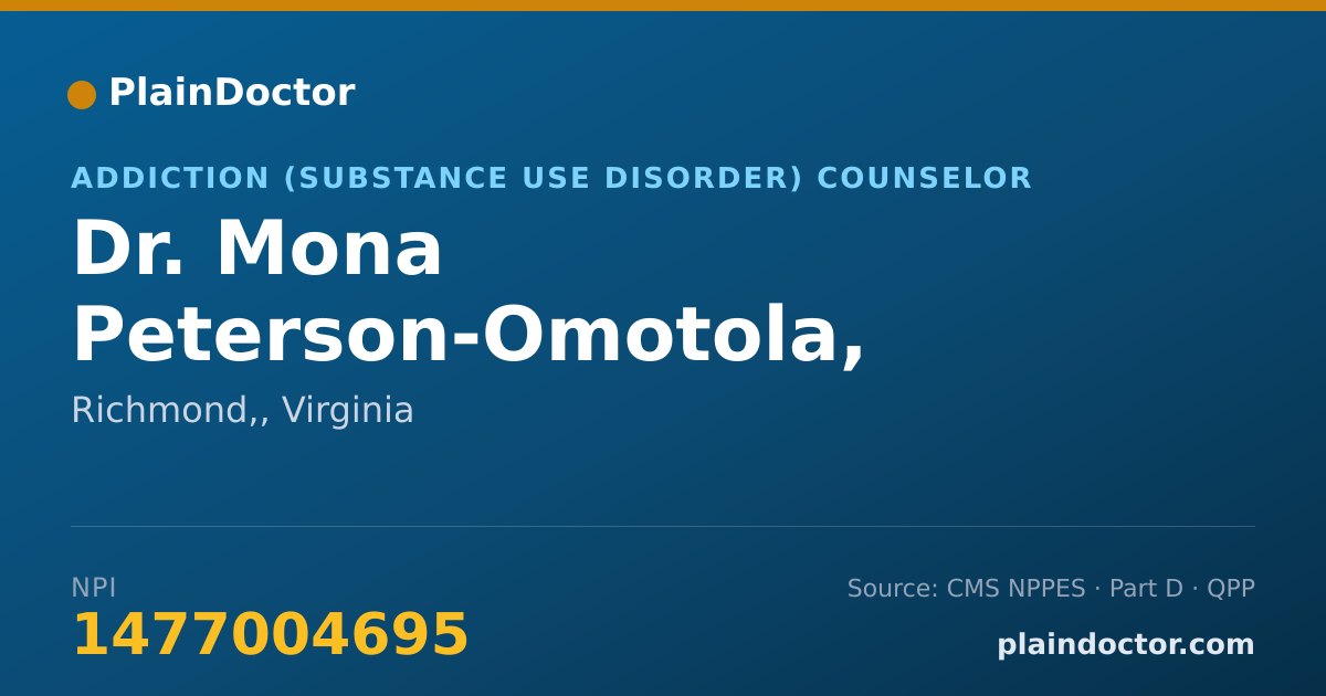 Shareable card for Mona Peterson-Omotola, PH.D. LCPC-AC - Addiction (Substance Use Disorder) Counselor, Richmond,, VA