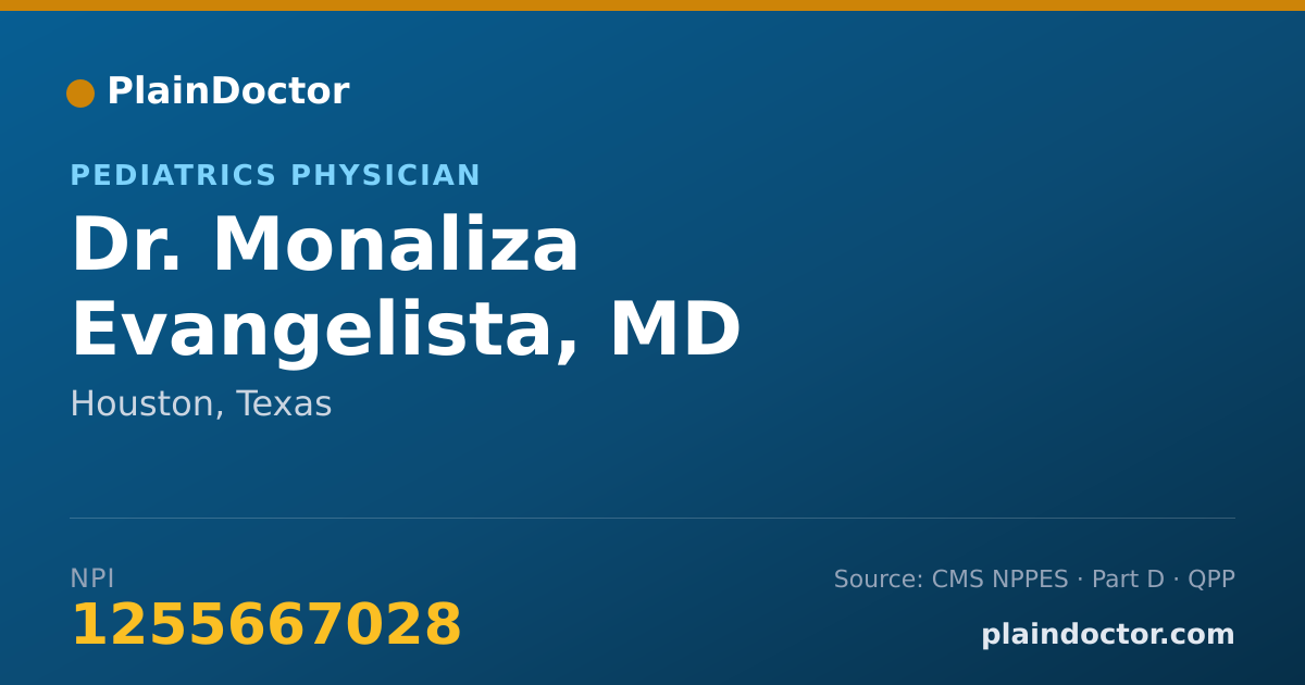 Shareable card for Monaliza Evangelista, MD - Pediatrics Physician, Houston, TX