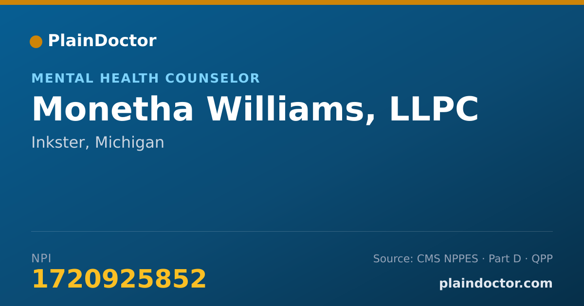 Shareable card for Monetha Williams, LLPC - Mental Health Counselor, Inkster, MI