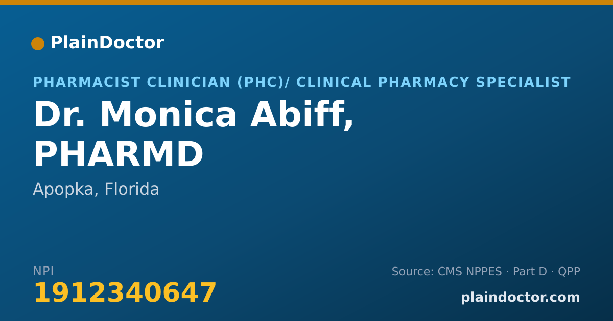 Shareable card for Monica Abiff, PHARMD - Pharmacist Clinician (PhC)/ Clinical Pharmacy Specialist, Apopka, FL