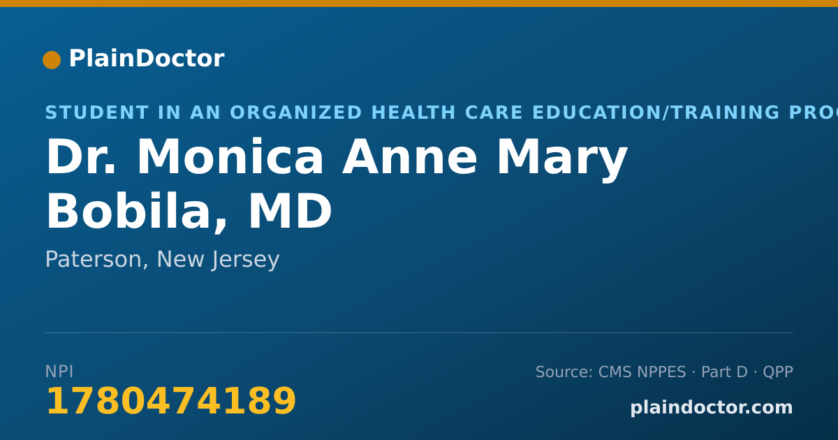 Shareable card for Monica Anne Mary Bobila, MD - Student in an Organized Health Care Education/Training Program, Paterson, NJ