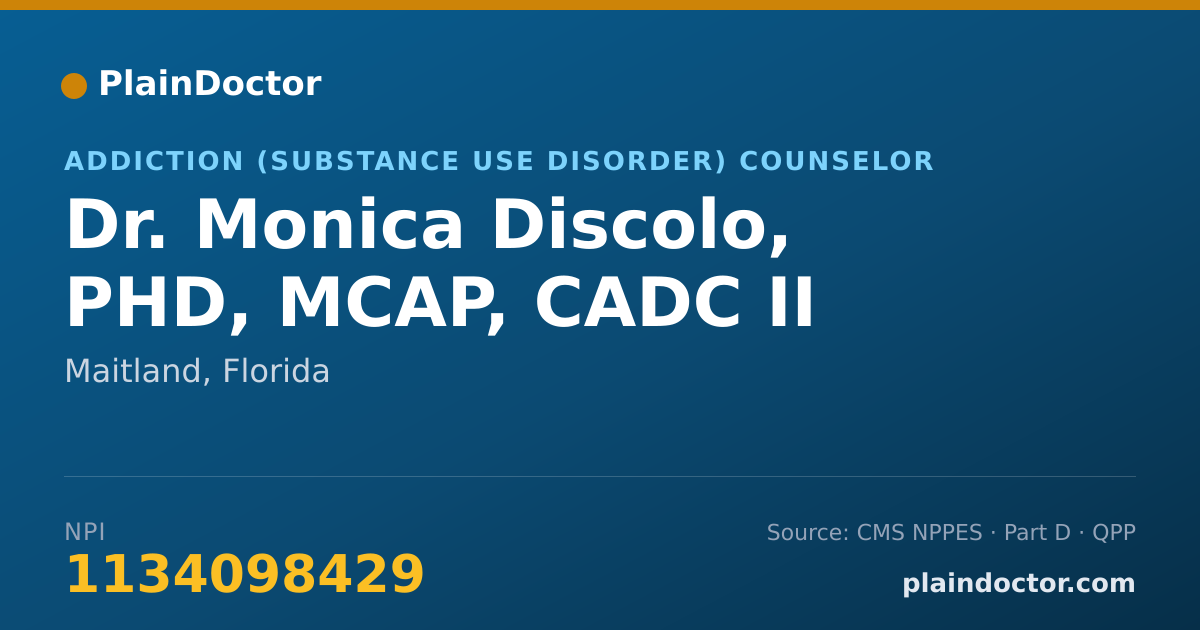 Shareable card for Monica Discolo, PHD, MCAP, CADC II - Addiction (Substance Use Disorder) Counselor, Maitland, FL