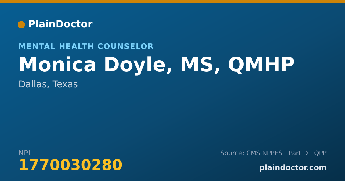 Shareable card for Monica Doyle, MS, QMHP - Mental Health Counselor, Dallas, TX