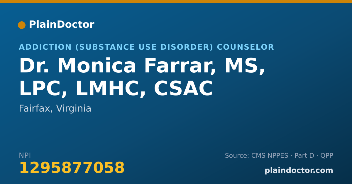 Shareable card for Monica Farrar, MS, LPC, LMHC, CSAC - Addiction (Substance Use Disorder) Counselor, Fairfax, VA