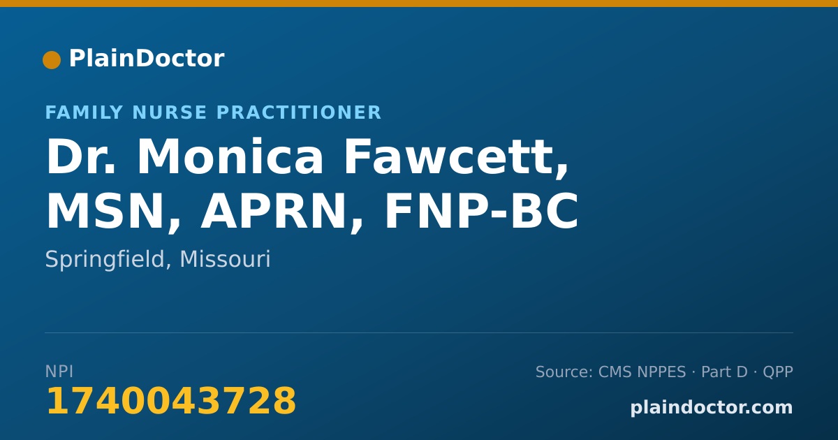 Shareable card for Monica Fawcett, MSN, APRN, FNP-BC - Family Nurse Practitioner, Springfield, MO