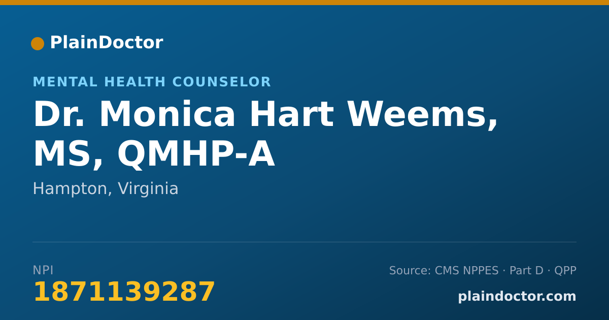 Shareable card for Monica Hart Weems, MS, QMHP-A - Mental Health Counselor, Hampton, VA