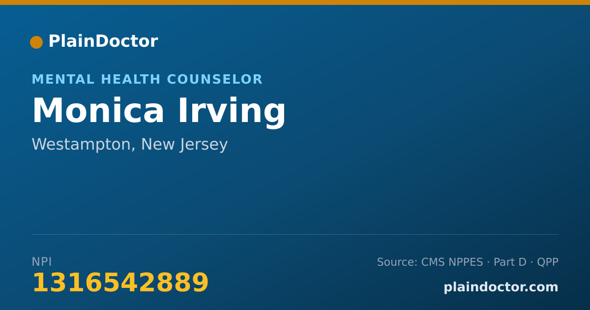 Shareable card for Monica Irving - Mental Health Counselor, Westampton, NJ