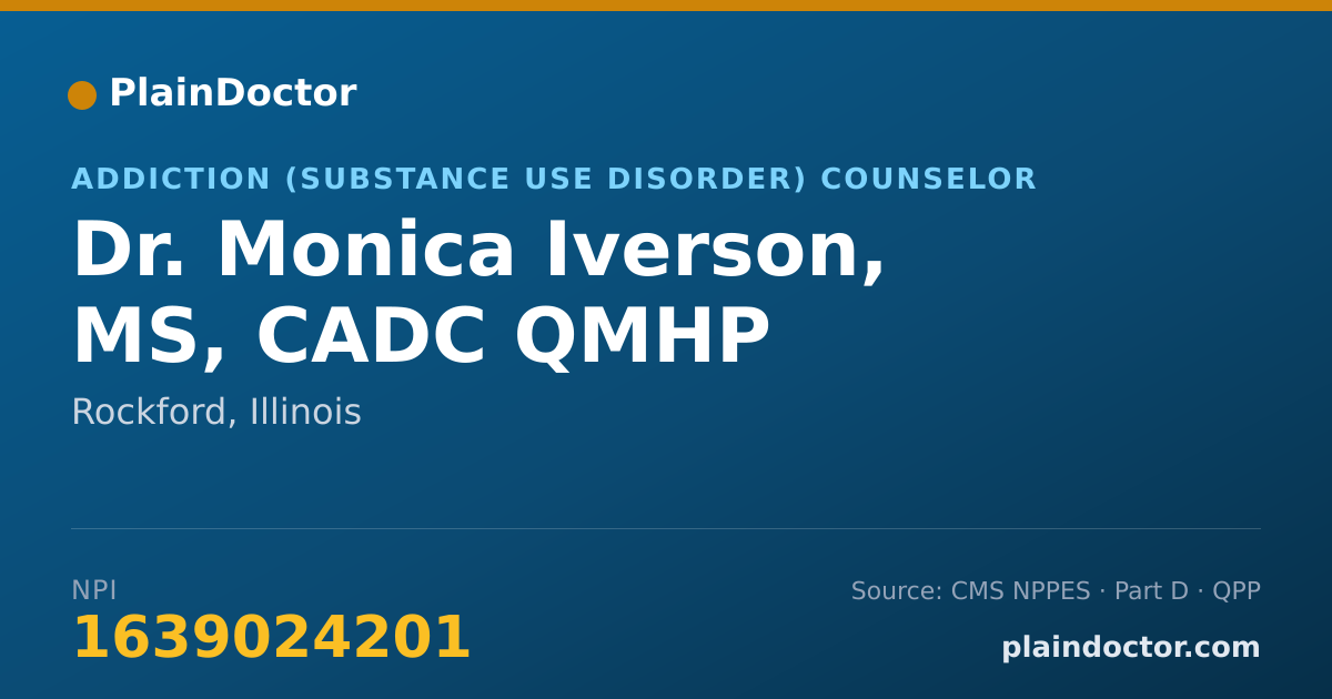 Shareable card for Monica Iverson, MS, CADC QMHP - Addiction (Substance Use Disorder) Counselor, Rockford, IL