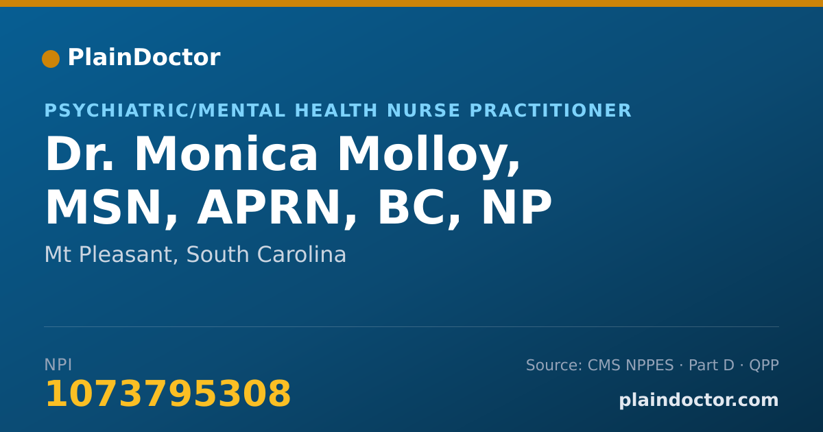 Shareable card for Monica Molloy, MSN, APRN, BC, NP - Psychiatric/Mental Health Nurse Practitioner, Mt Pleasant, SC
