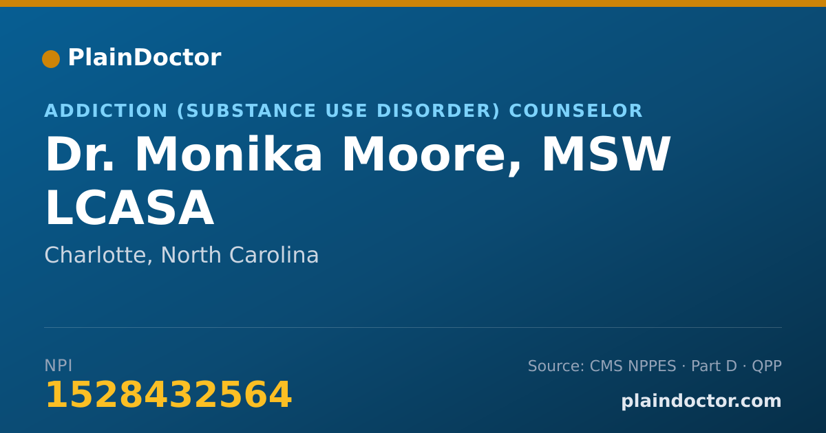 Shareable card for Monika Moore, MSW LCASA - Addiction (Substance Use Disorder) Counselor, Charlotte, NC