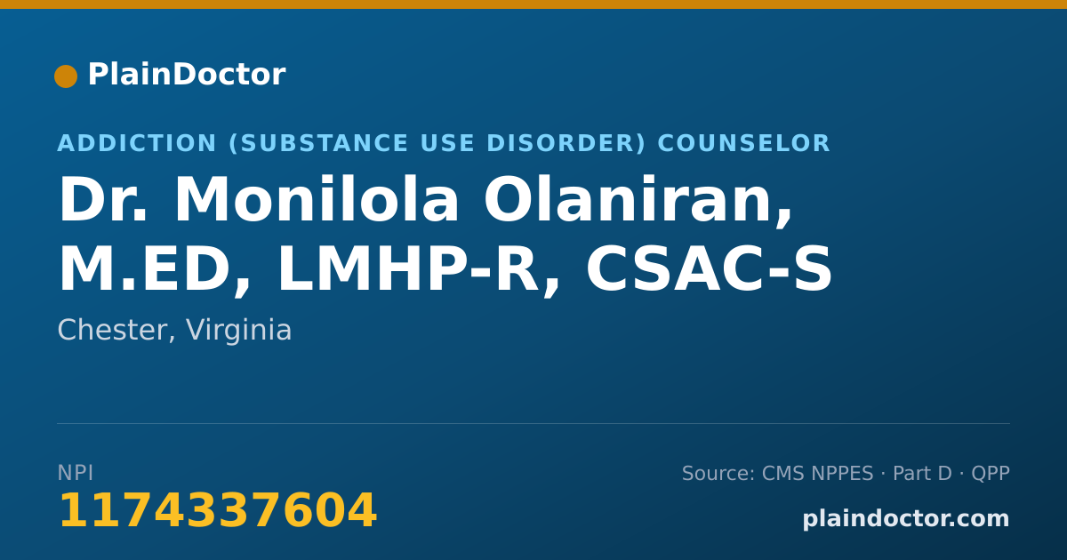 Shareable card for Monilola Olaniran, M.ED, LMHP-R, CSAC-S - Addiction (Substance Use Disorder) Counselor, Chester, VA