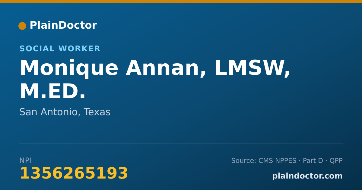 Shareable card for Monique Annan, LMSW, M.ED. - Social Worker, San Antonio, TX