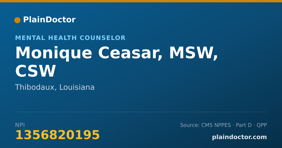 Shareable card for Monique Ceasar, MSW, CSW - Mental Health Counselor, Thibodaux, LA