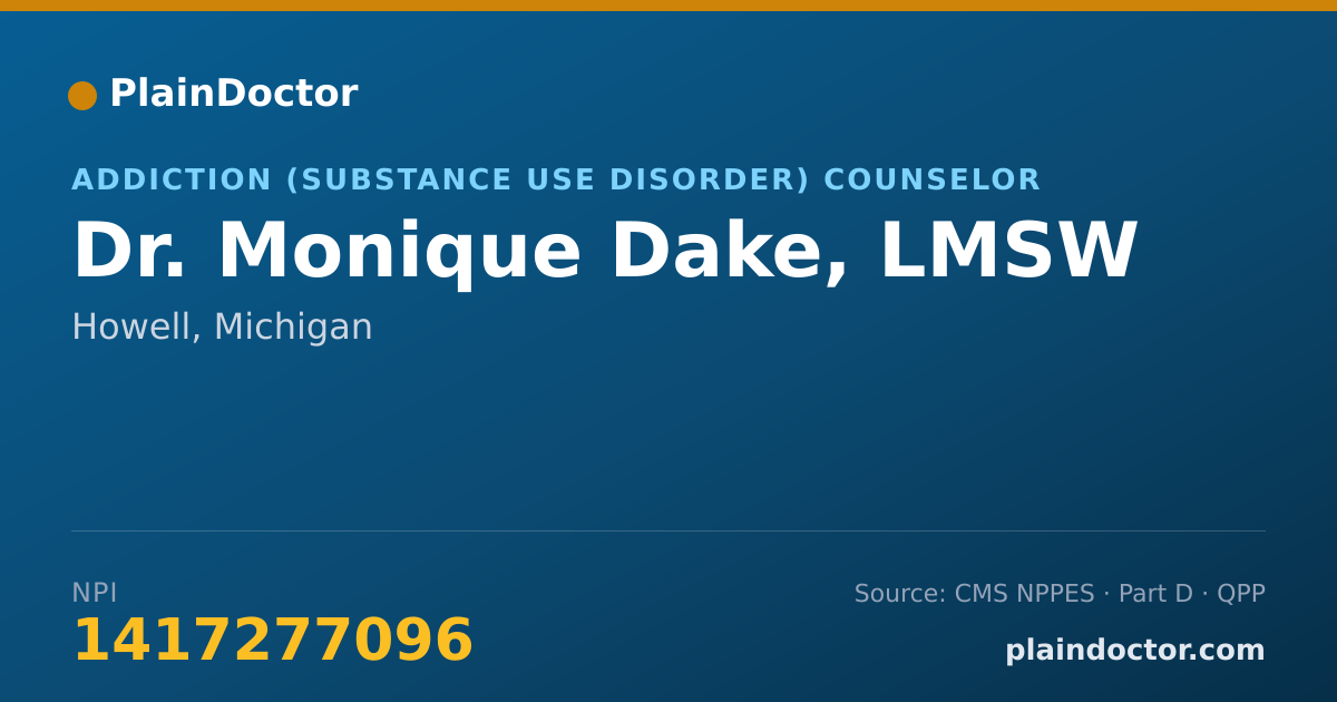 Shareable card for Monique Dake, LMSW - Addiction (Substance Use Disorder) Counselor, Howell, MI