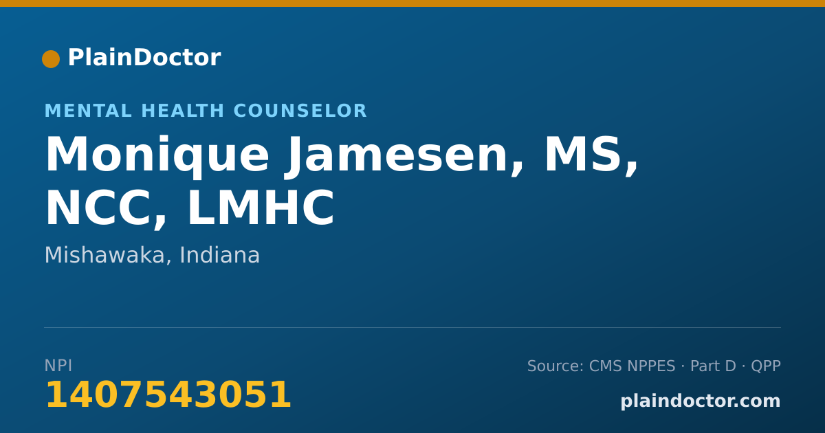 Shareable card for Monique Jamesen, MS, NCC, LMHC - Mental Health Counselor, Mishawaka, IN