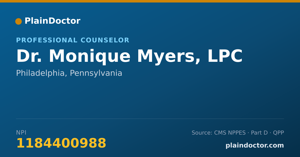Shareable card for Monique Myers, LPC - Professional Counselor, Philadelphia, PA
