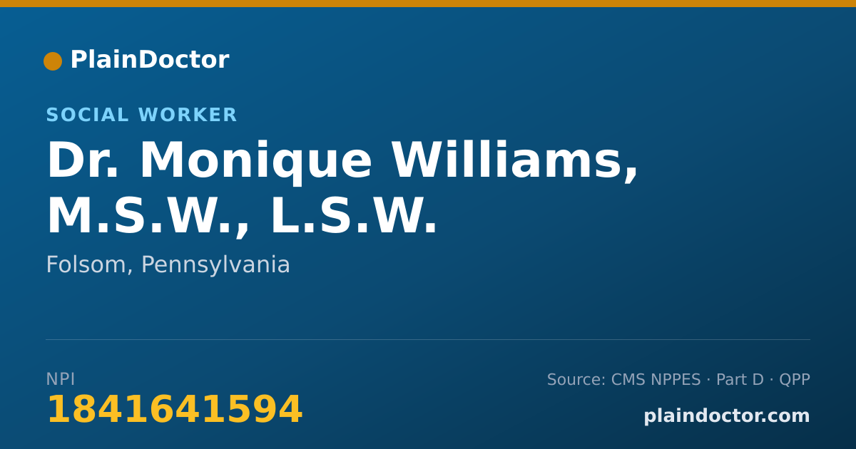 Shareable card for Monique Williams, M.S.W., L.S.W. - Social Worker, Folsom, PA
