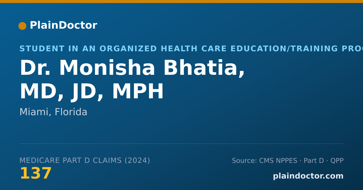 Shareable card for Monisha Bhatia, MD, JD, MPH - Student in an Organized Health Care Education/Training Program, Miami, FL