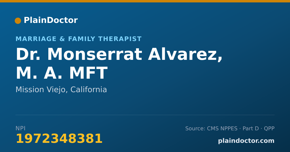 Shareable card for Monserrat Alvarez, M. A. MFT - Marriage & Family Therapist, Mission Viejo, CA