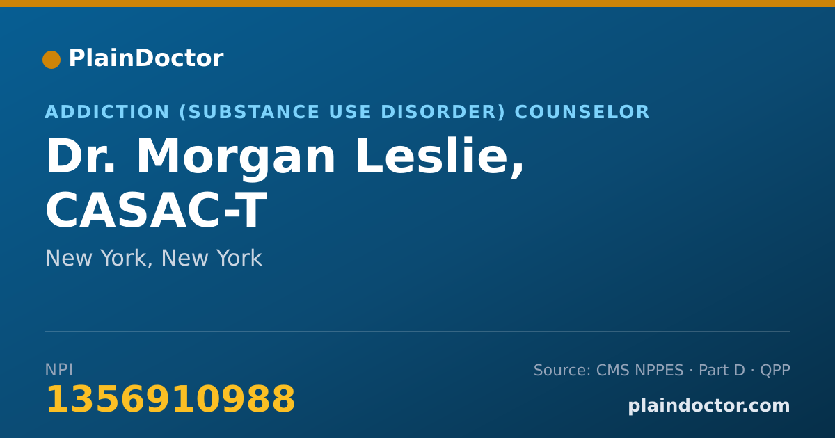 Shareable card for Morgan Leslie, CASAC-T - Addiction (Substance Use Disorder) Counselor, New York, NY