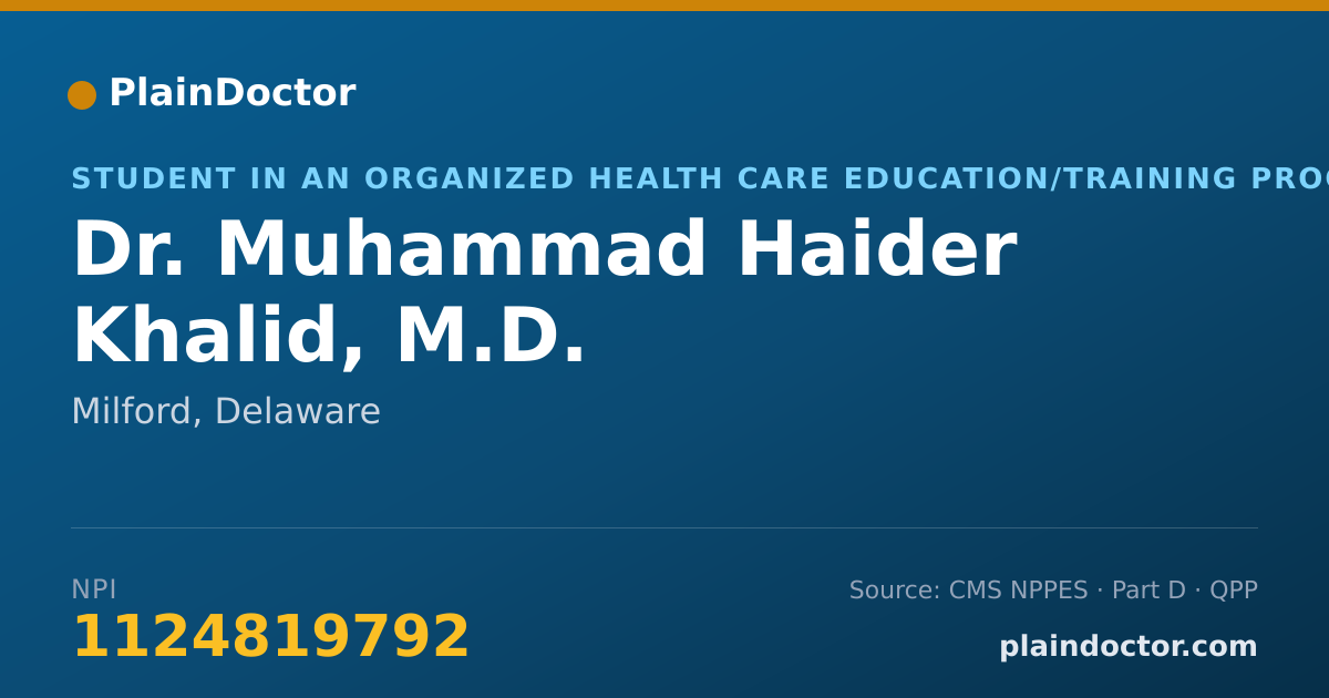 Shareable card for Muhammad Haider Khalid, M.D. - Student in an Organized Health Care Education/Training Program, Milford, DE