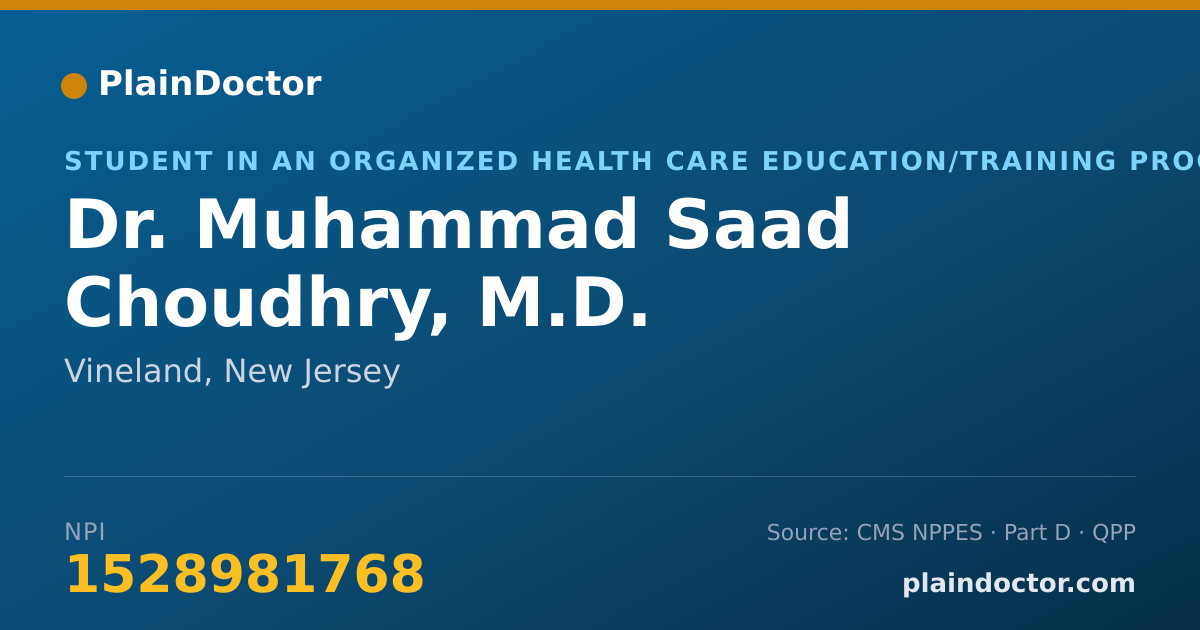 Shareable card for Muhammad Saad Choudhry, M.D. - Student in an Organized Health Care Education/Training Program, Vineland, NJ