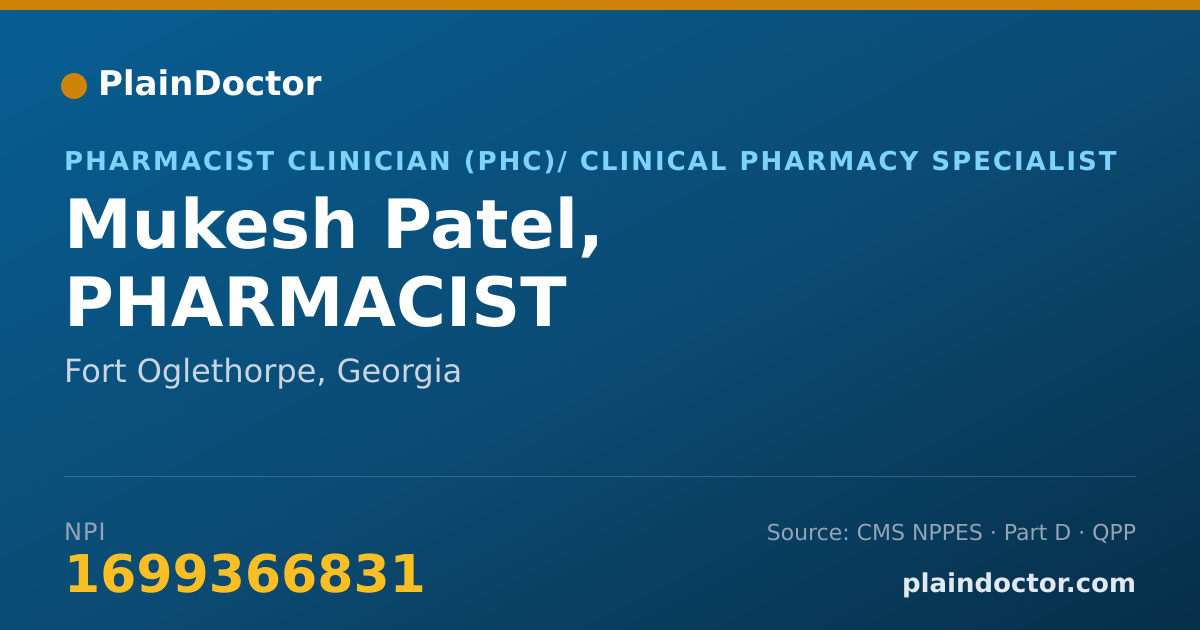 Shareable card for Mukesh Patel, PHARMACIST - Pharmacist Clinician (PhC)/ Clinical Pharmacy Specialist, Fort Oglethorpe, GA