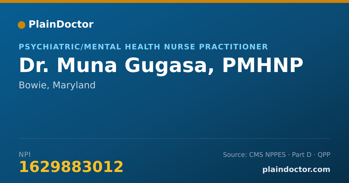 Shareable card for Muna Gugasa, PMHNP - Psychiatric/Mental Health Nurse Practitioner, Bowie, MD