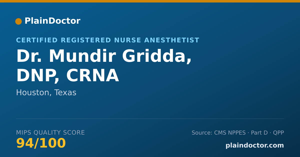 Shareable card for Mundir Gridda, DNP, CRNA - Certified Registered Nurse Anesthetist, Houston, TX