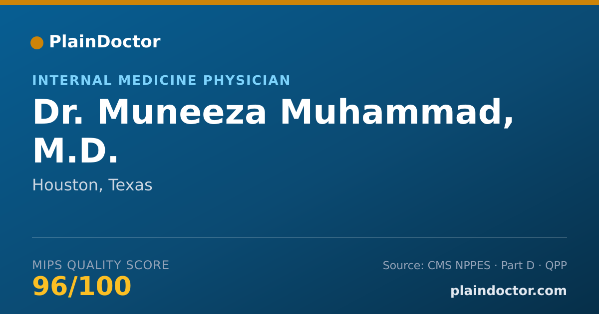 Shareable card for Muneeza Muhammad, M.D. - Internal Medicine Physician, Houston, TX