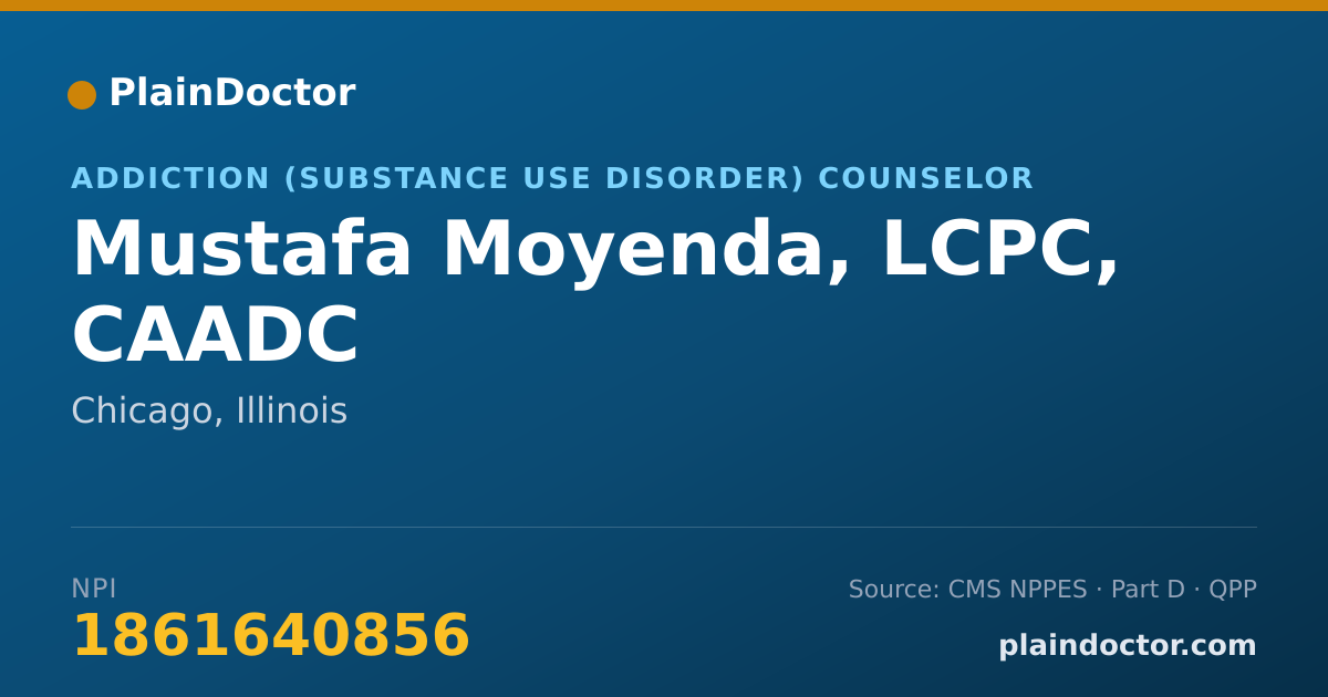 Shareable card for Mustafa Moyenda, LCPC, CAADC - Addiction (Substance Use Disorder) Counselor, Chicago, IL