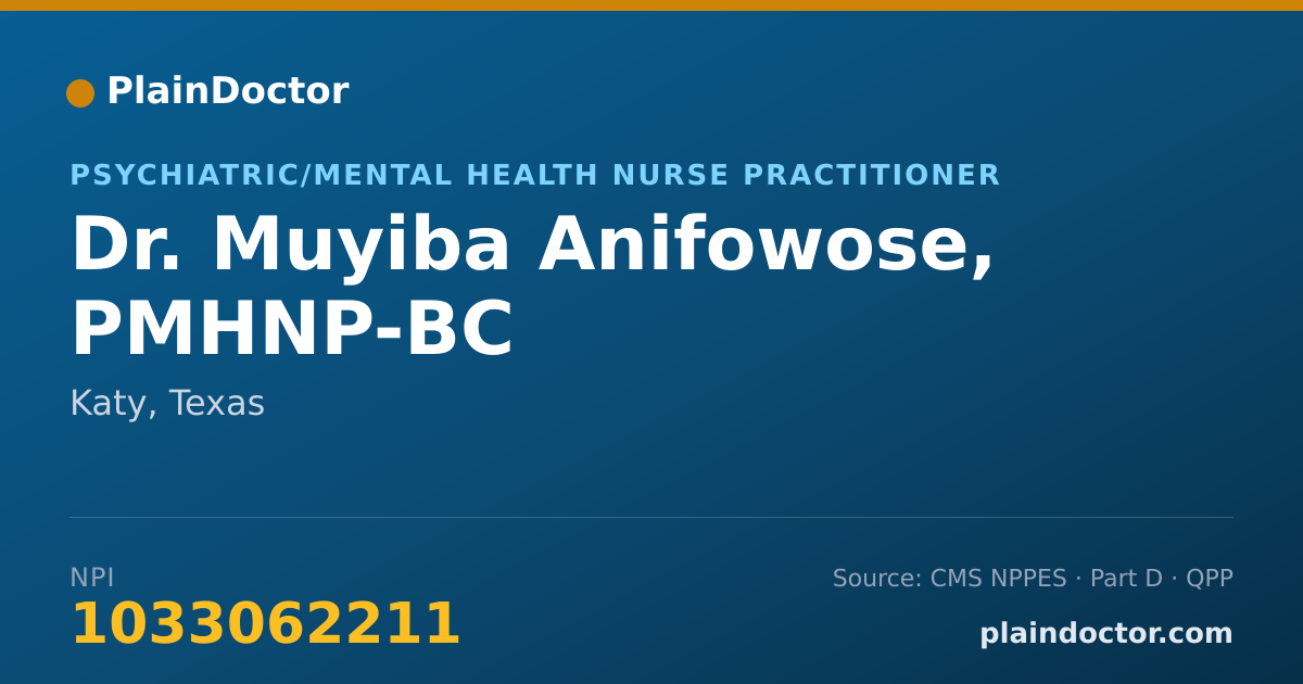 Shareable card for Muyiba Anifowose, PMHNP-BC - Psychiatric/Mental Health Nurse Practitioner, Katy, TX
