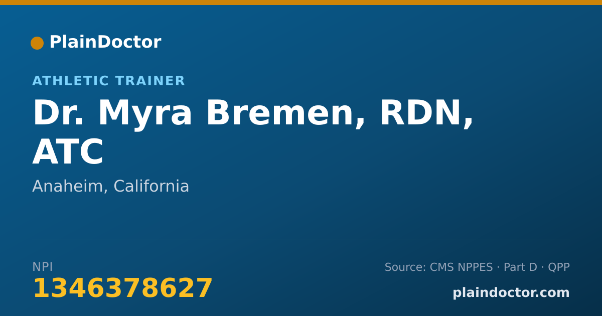 Shareable card for Myra Bremen, RDN, ATC - Athletic Trainer, Anaheim, CA