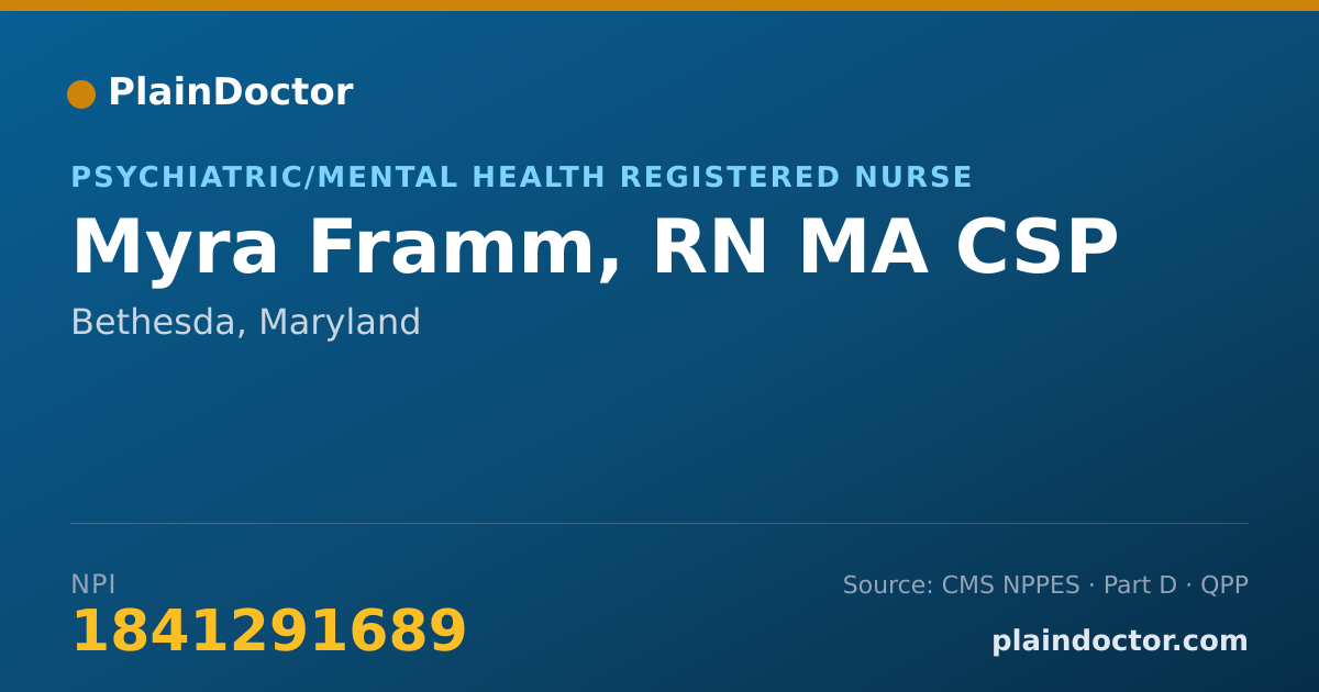 Shareable card for Myra Framm, RN MA CSP - Psychiatric/Mental Health Registered Nurse, Bethesda, MD