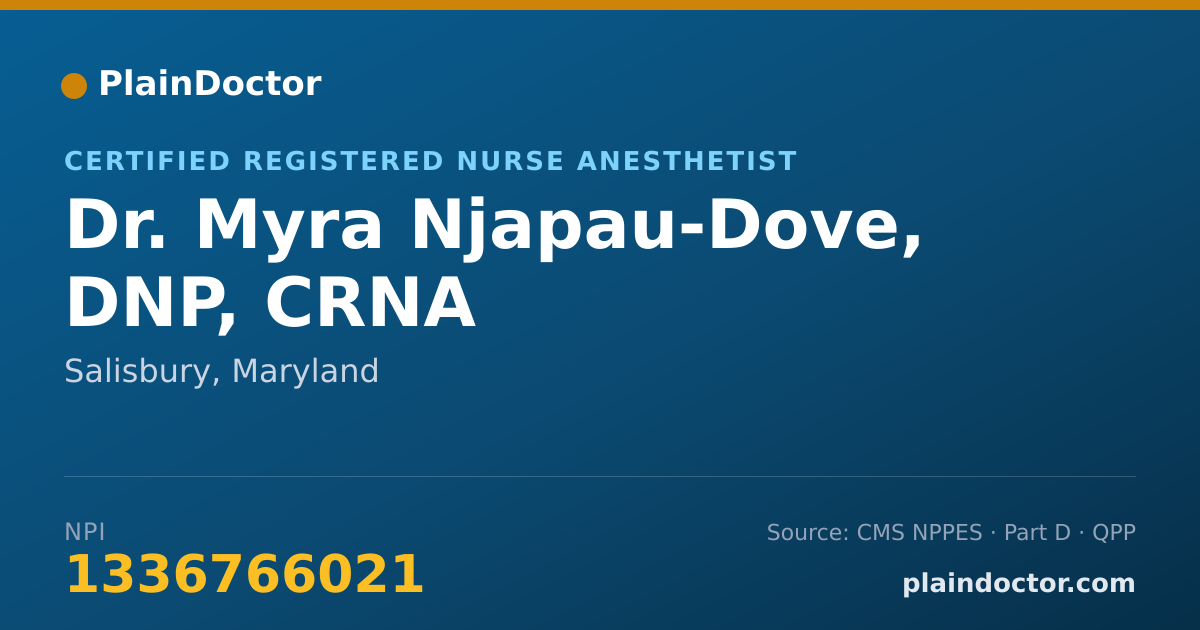 Shareable card for Myra Njapau-Dove, DNP, CRNA - Certified Registered Nurse Anesthetist, Salisbury, MD
