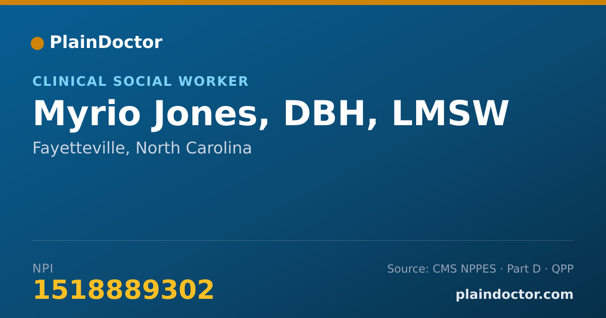 Shareable card for Myrio Jones, DBH, LMSW - Clinical Social Worker, Fayetteville, NC