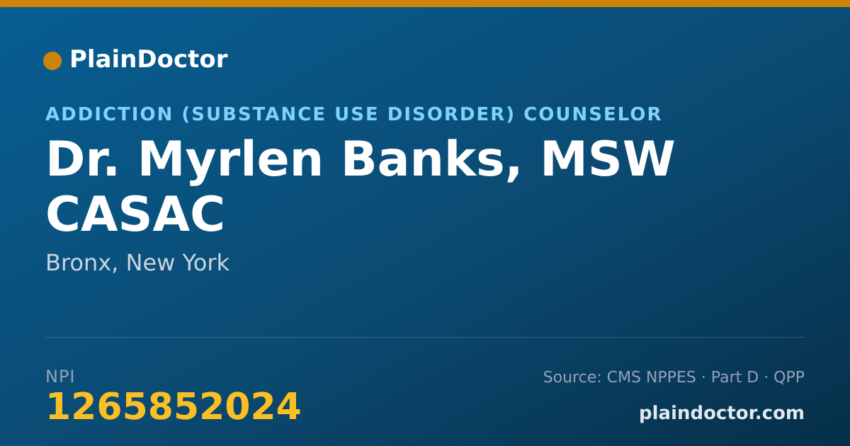 Shareable card for Myrlen Banks, MSW CASAC - Addiction (Substance Use Disorder) Counselor, Bronx, NY