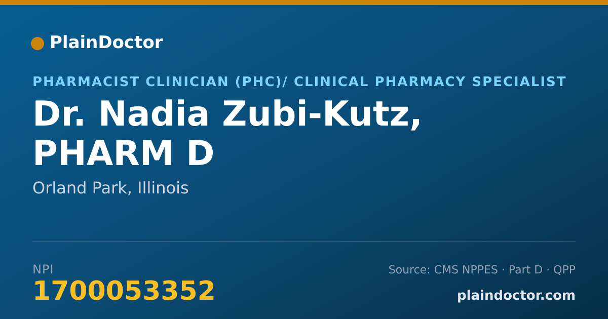Shareable card for Nadia Zubi-Kutz, PHARM D - Pharmacist Clinician (PhC)/ Clinical Pharmacy Specialist, Orland Park, IL