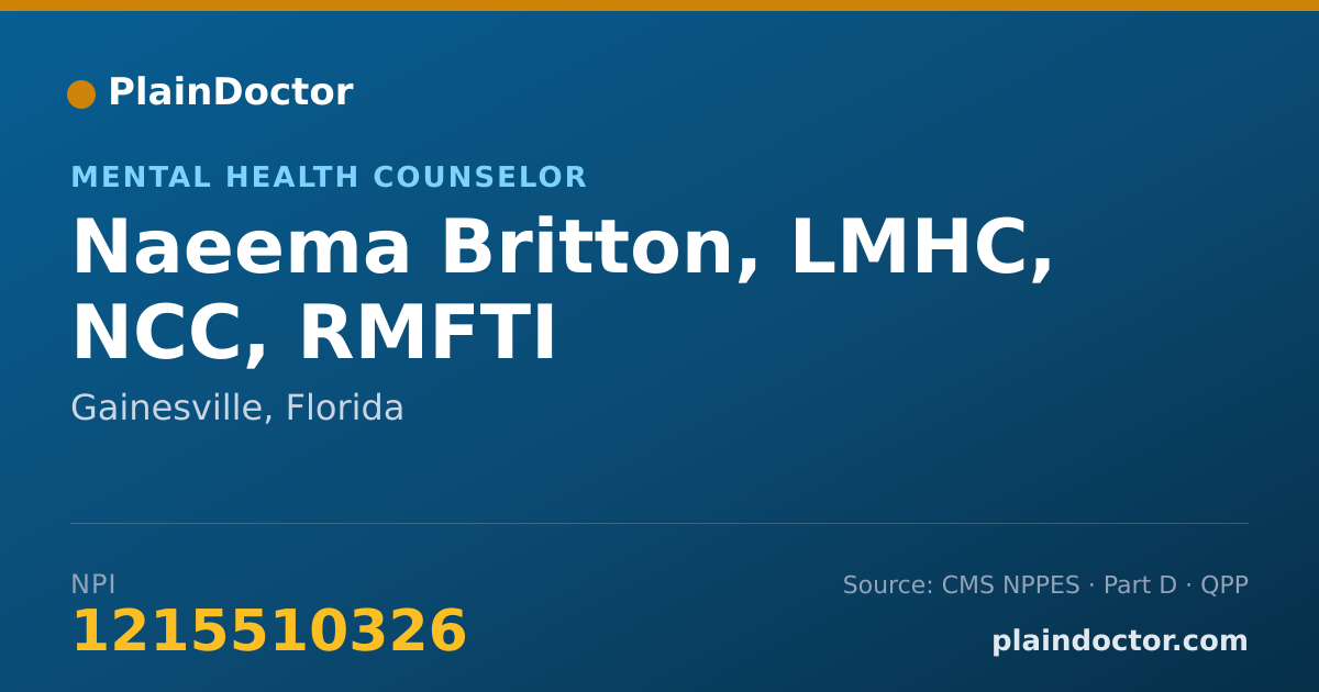 Shareable card for Naeema Britton, LMHC, NCC, RMFTI - Mental Health Counselor, Gainesville, FL