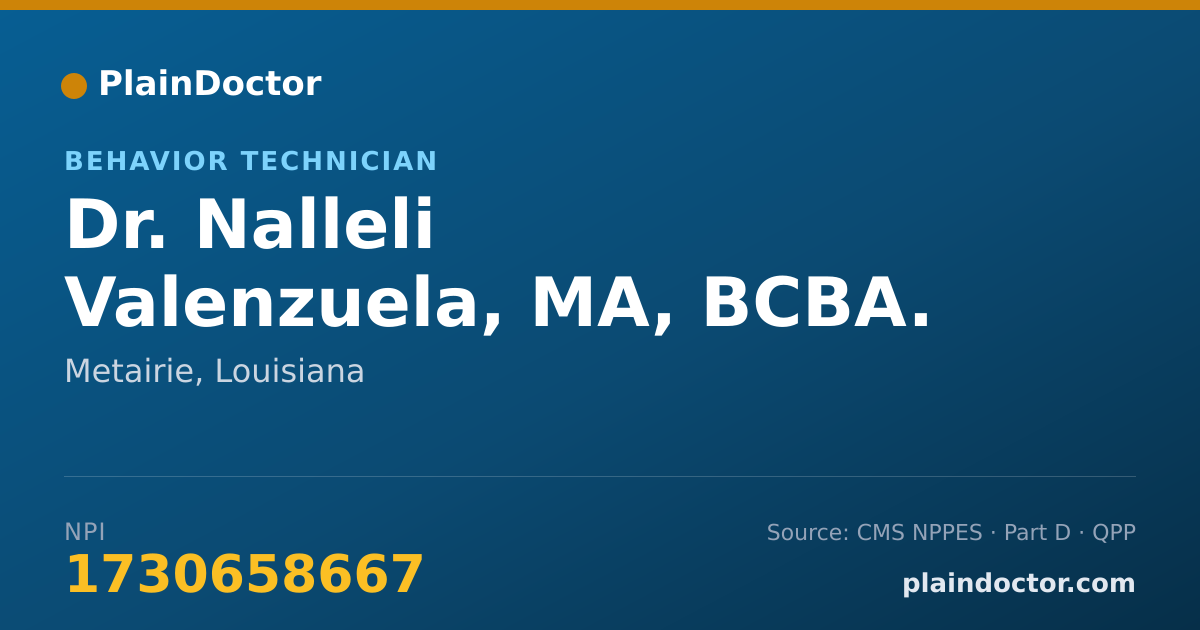 Shareable card for Nalleli Valenzuela, MA, BCBA. LBA - Behavior Technician, Metairie, LA