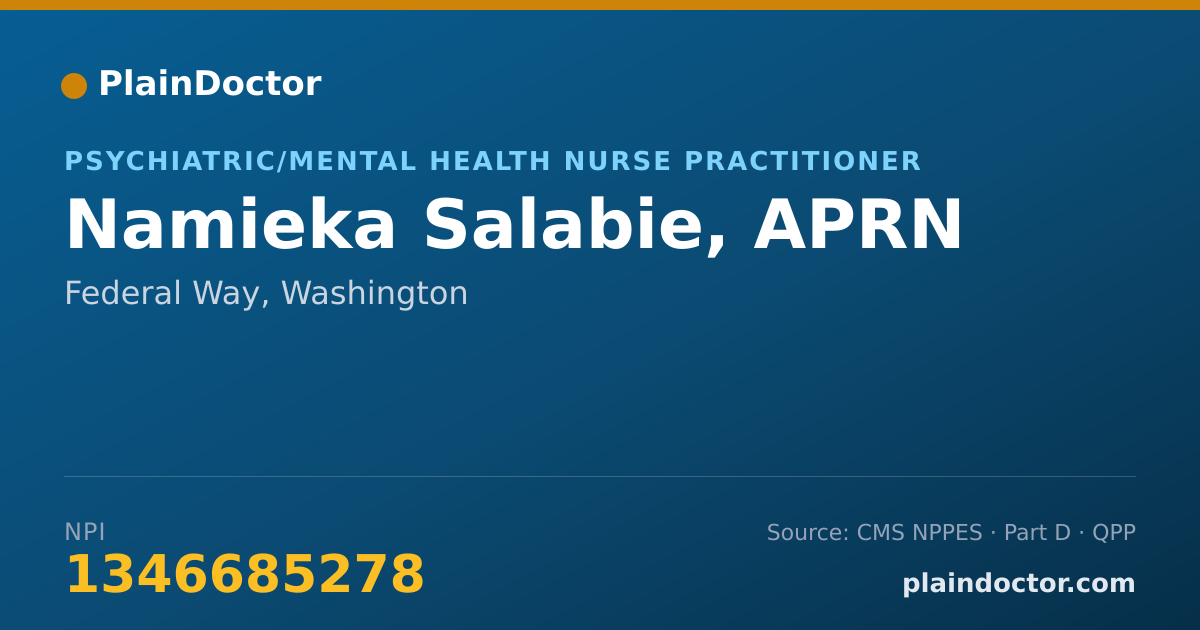 Shareable card for Namieka Salabie, APRN - Psychiatric/Mental Health Nurse Practitioner, Federal Way, WA