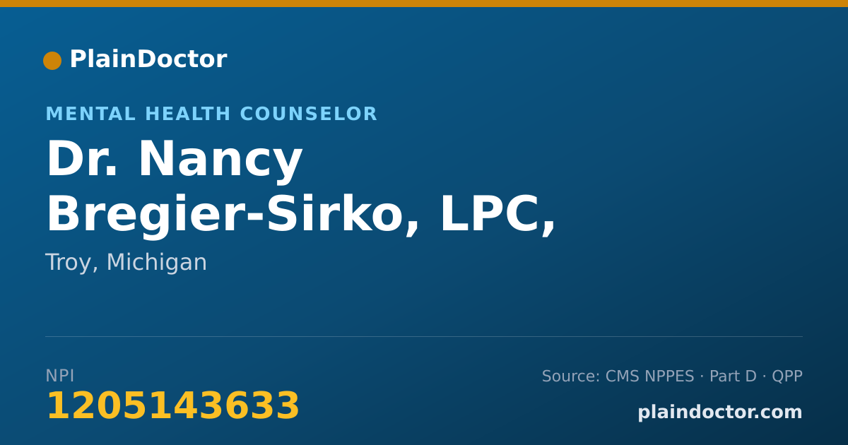 Shareable card for Nancy Bregier-Sirko, LPC, CSAT - Mental Health Counselor, Troy, MI