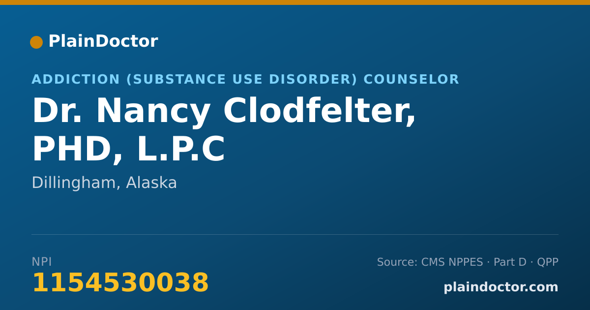 Shareable card for Nancy Clodfelter, PHD, L.P.C - Addiction (Substance Use Disorder) Counselor, Dillingham, AK