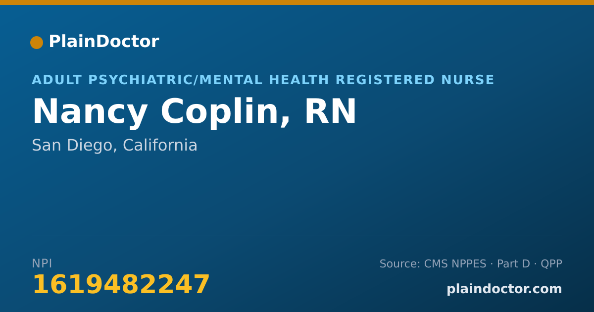 Shareable card for Nancy Coplin, RN - Adult Psychiatric/Mental Health Registered Nurse, San Diego, CA