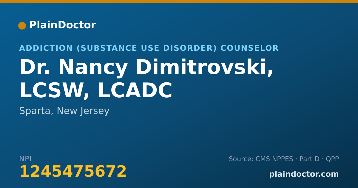 Shareable card for Nancy Dimitrovski, LCSW, LCADC - Addiction (Substance Use Disorder) Counselor, Sparta, NJ